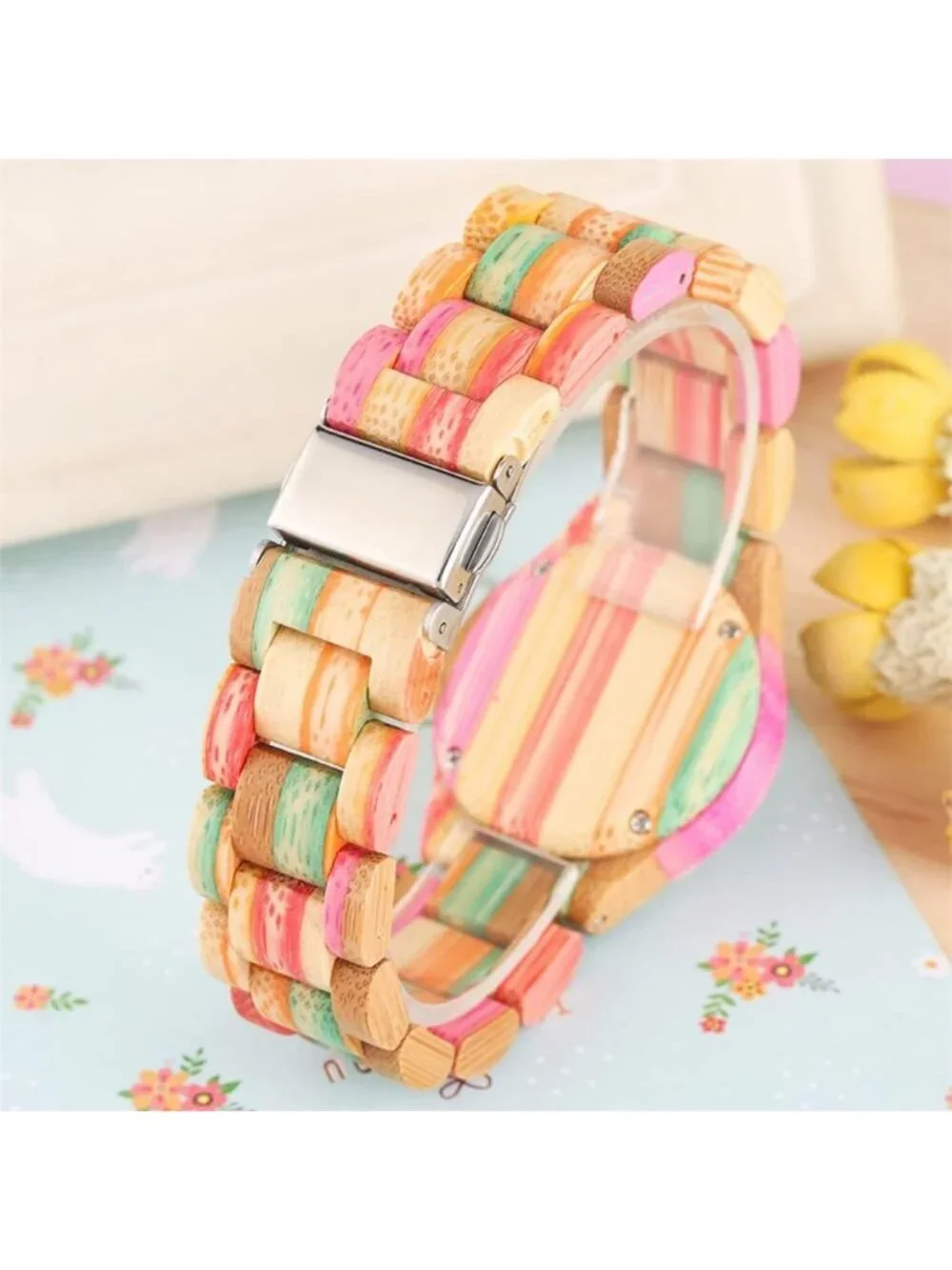 Women's Multi Colorful Analog Quartz Skeletonized Bamboo Classic Wooden Watch